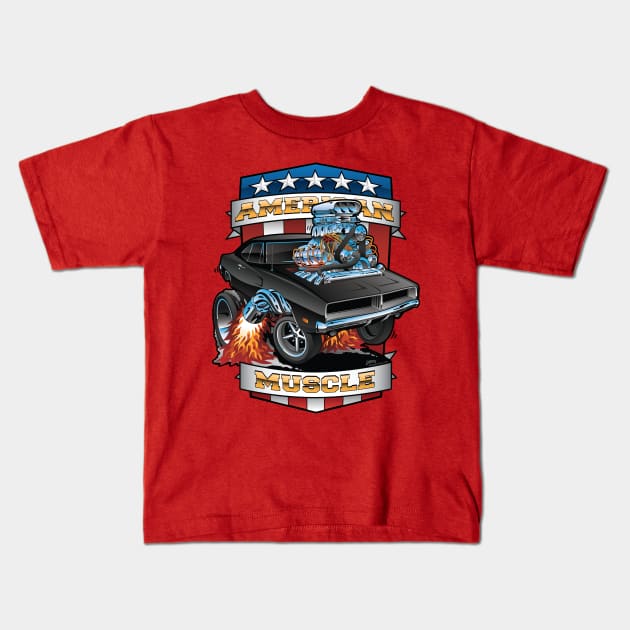 American Muscle Patriotic Classic Muscle Car Cartoon Illustration Kids T-Shirt by hobrath